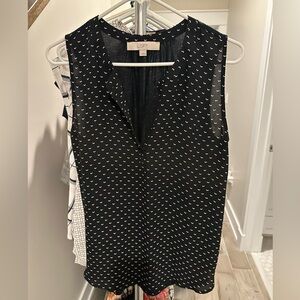 LOFT V-Neck Sleeveless Black Blouse with White Floral Pattern - Sz M